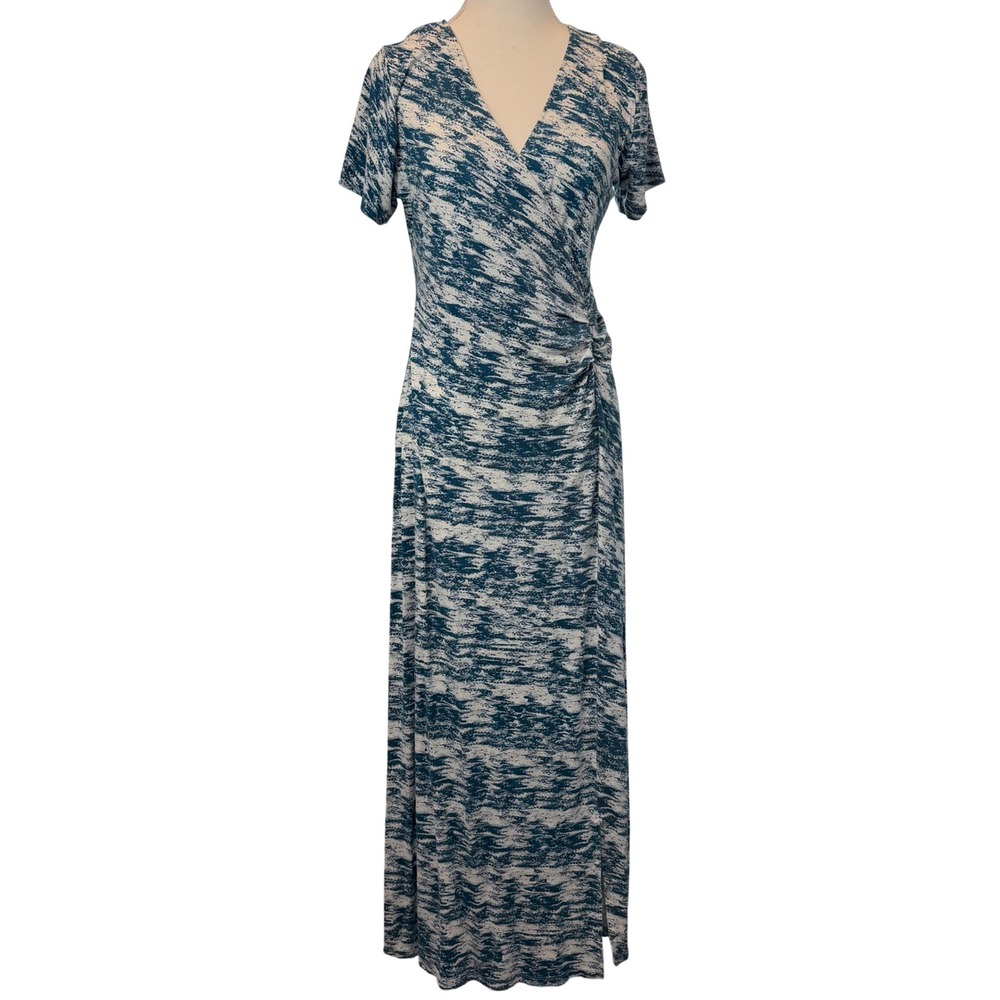 Soft Surroundings Teal White Abstract Print Faux Wrap Maxi Dress Medium